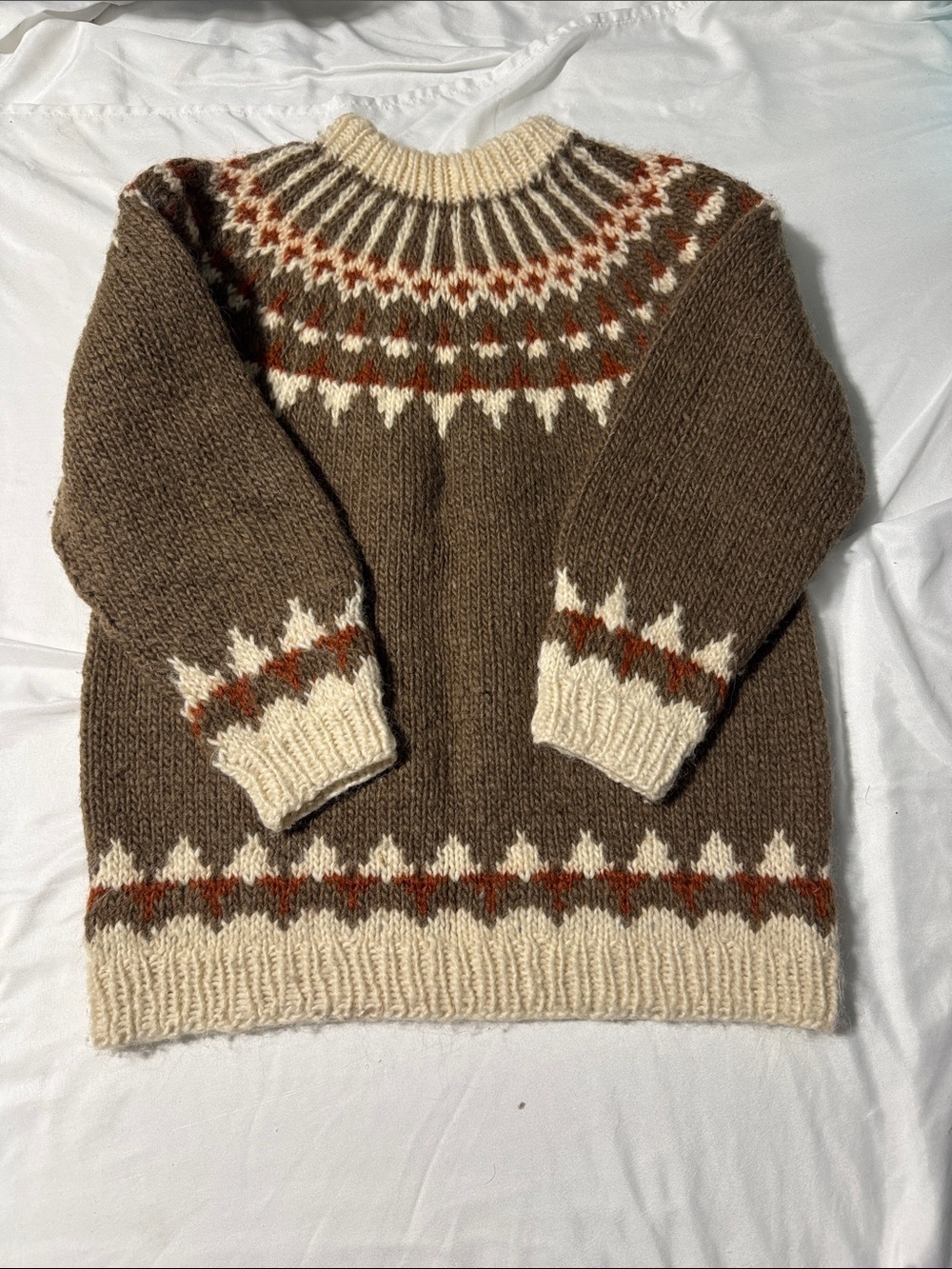 Handmade Fair Isle Sweater Brown Cream Rust Nordic Boho Cozy 90s Gorpcore Rustic